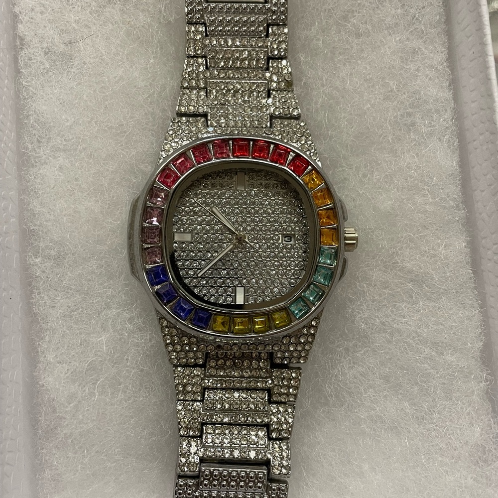 Silver Watch with Rainbow Gem Bezel